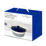 A blue and white box for the Le Regalo Stoneware Casserole with Lid by Le Regalo, showing the patterned, microwave-safe casserole with a blue lid on a kitchen counter. The box includes a white handle on top.