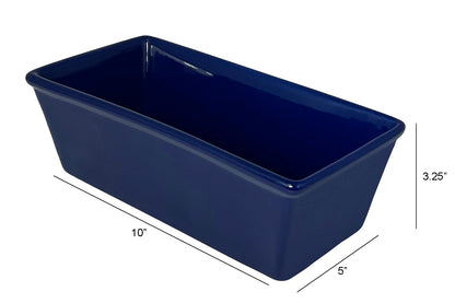 Le Regalo® navy blue stoneware loaf pan displaying on a white background, featuring measurements indicating a 10-inch length, 5-inch width, and 3.25-inch height.