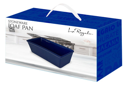 White and blue box packaging with white handle, some text and Le Regalo® navy blue stoneware loaf pan product image.