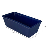 The Le Regalo Stoneware Loaf Pan by Le Regalo is a rectangular, dark blue pan measuring 10 x 5 x 3.25, with slightly outward-sloping sides for versatile baking in your kitchen.