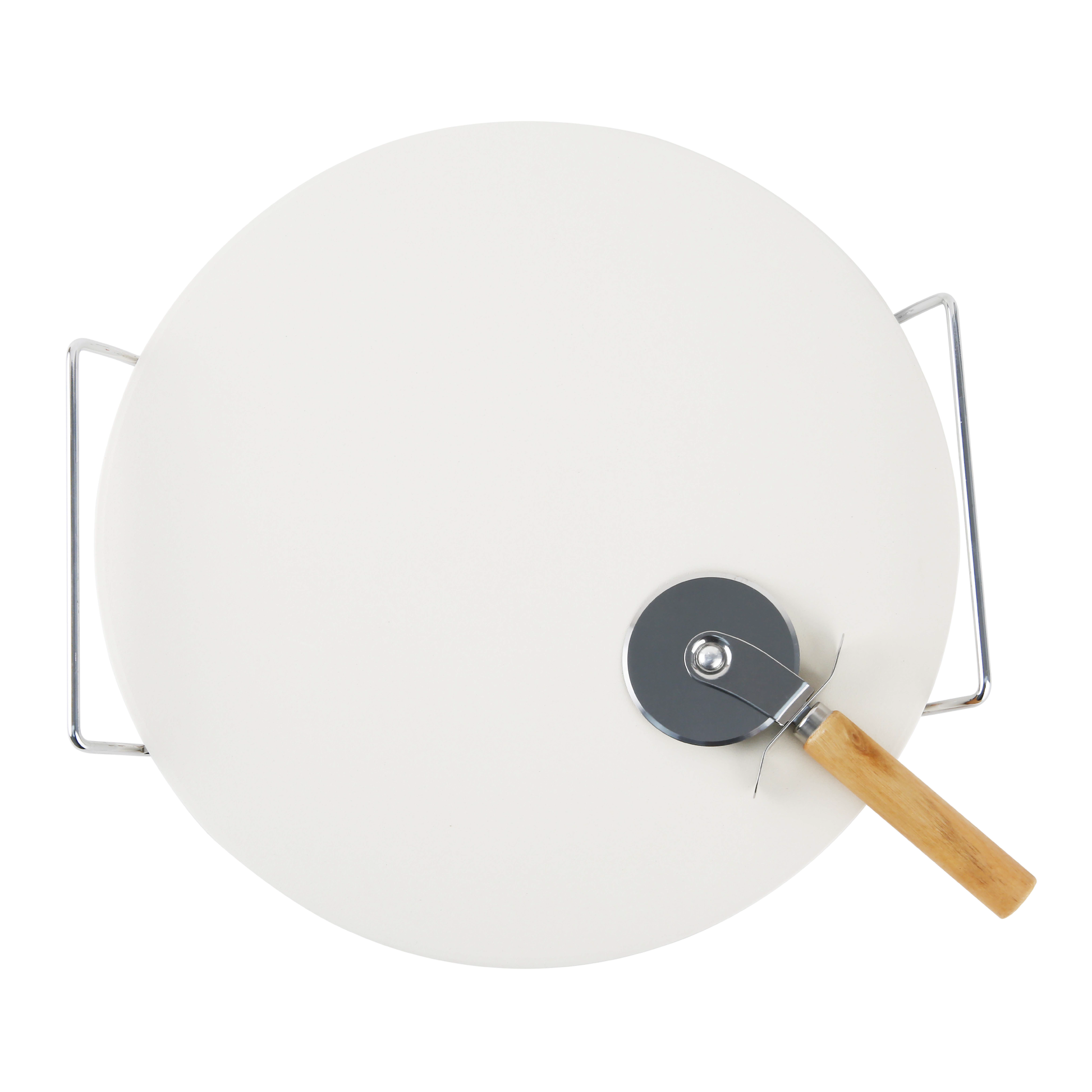 Le Regalo® 3 Piece Pizza Stone Set showing pizza stone, metal rack, and rolling cutter displayed on a white background