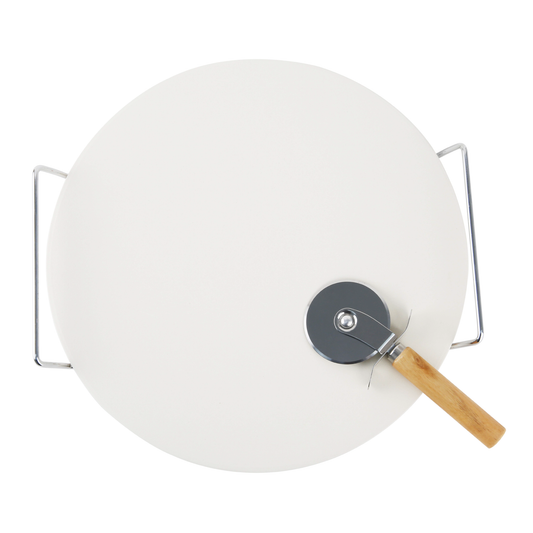 Le Regalo® 3 Piece Pizza Stone Set showing pizza stone, metal rack, and rolling cutter displayed on a white background