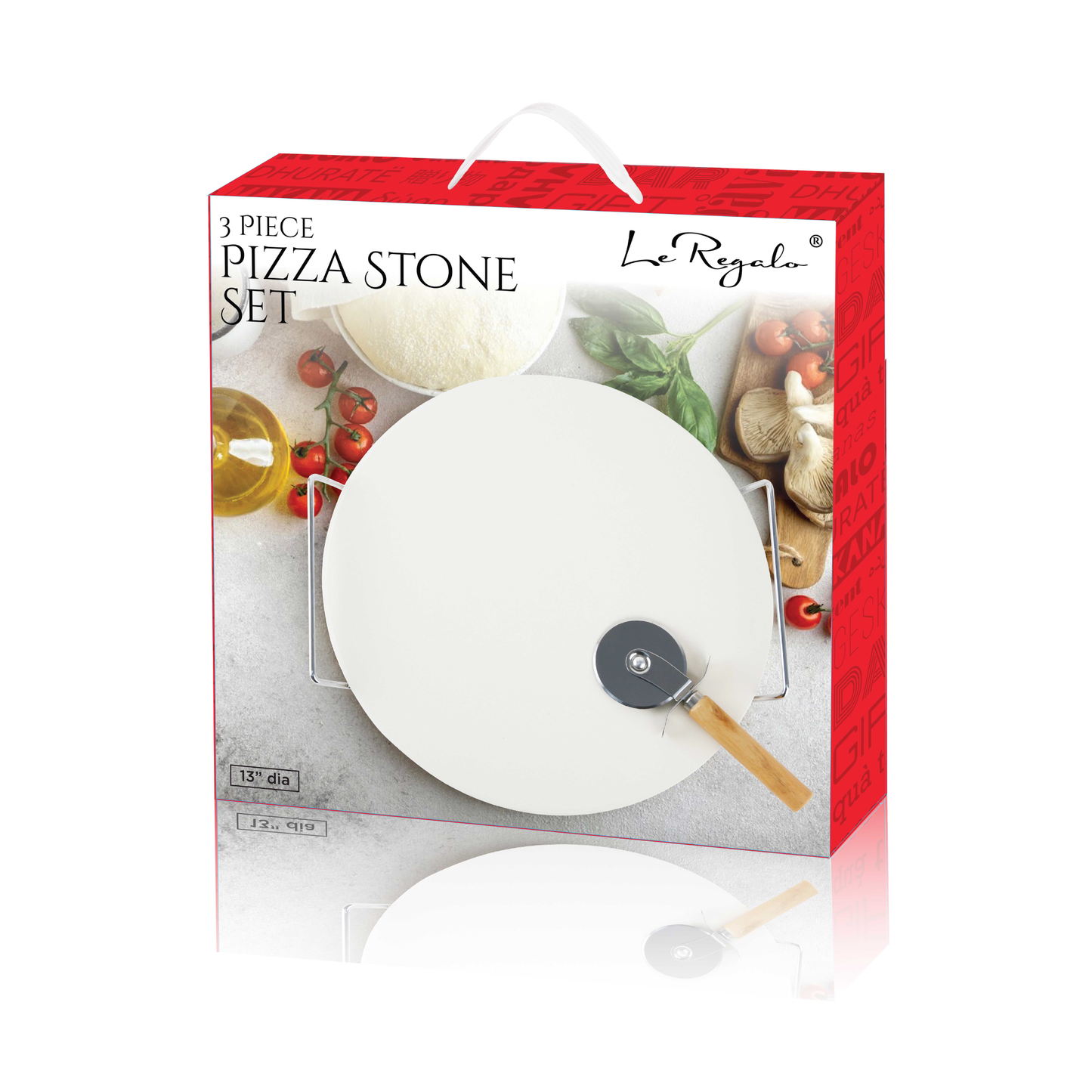 Le Regalo® 3 Piece Pizza Stone Set in multicolor box, displayed on a white background