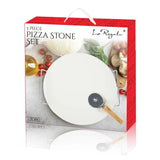 A red Le Regalo box labeled Le Regalo 3 Piece Pizza Stone Set displays a 13-inch cordierite ceramic pizza stone, pizza cutter, and fresh ingredients—everything you need for the perfect homemade pizza.