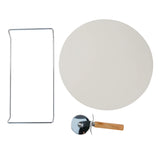 The Le Regalo 3 Piece Pizza Stone Set by Le Regalo features a metal rack, round cordierite ceramic pizza stone, and wooden-handle pizza cutter, all arranged on a white background.