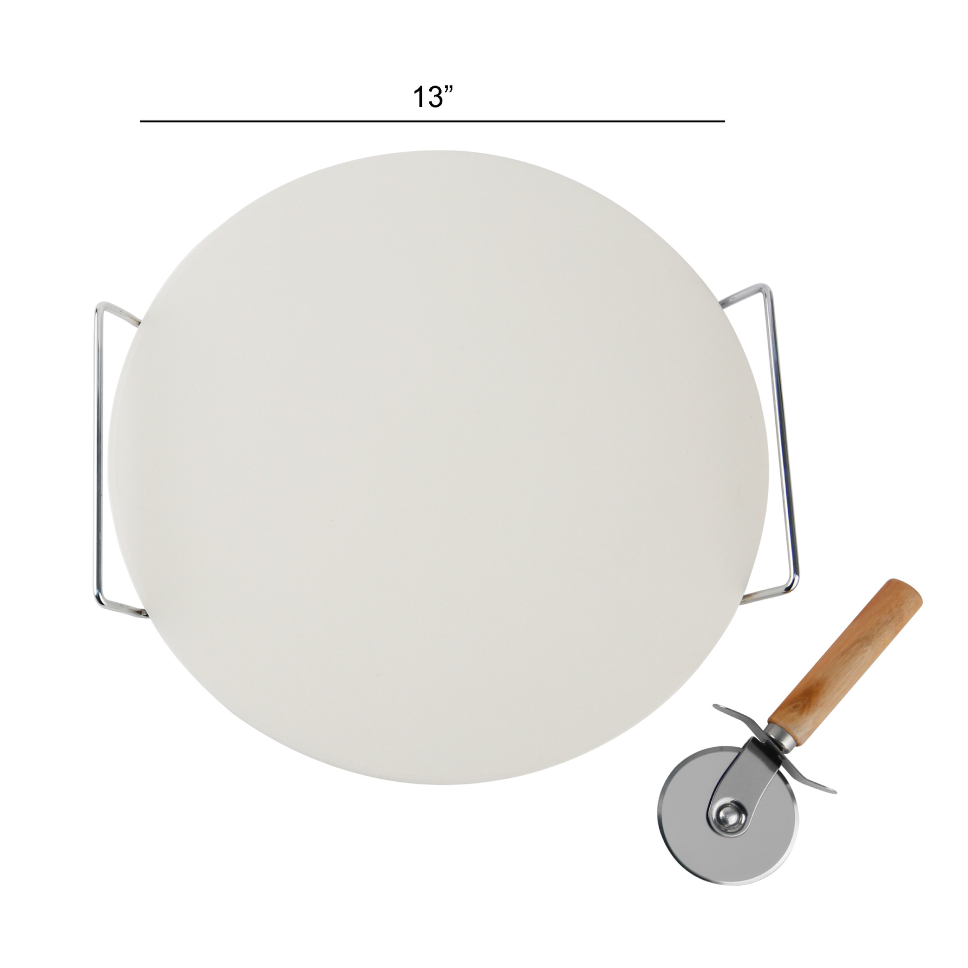 Le Regalo® 3 Piece Pizza Stone Set showing pizza stone with the dimension of 13" diameter, metal rack and rolling cutter displayed on a white background