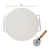The Le Regalo 3 Piece Pizza Stone Set by Le Regalo features a 13-inch round cordierite ceramic pizza stone on a metal rack, shown beside a wooden-handled pizza cutter, all displayed against a white background.