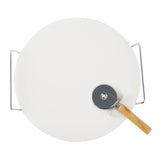 The Le Regalo 3 Piece Pizza Stone Set features a round white cordierite ceramic pizza stone with metal handles plus a metal pizza cutter with a wooden handle—an essential home chef set from Le Regalo.