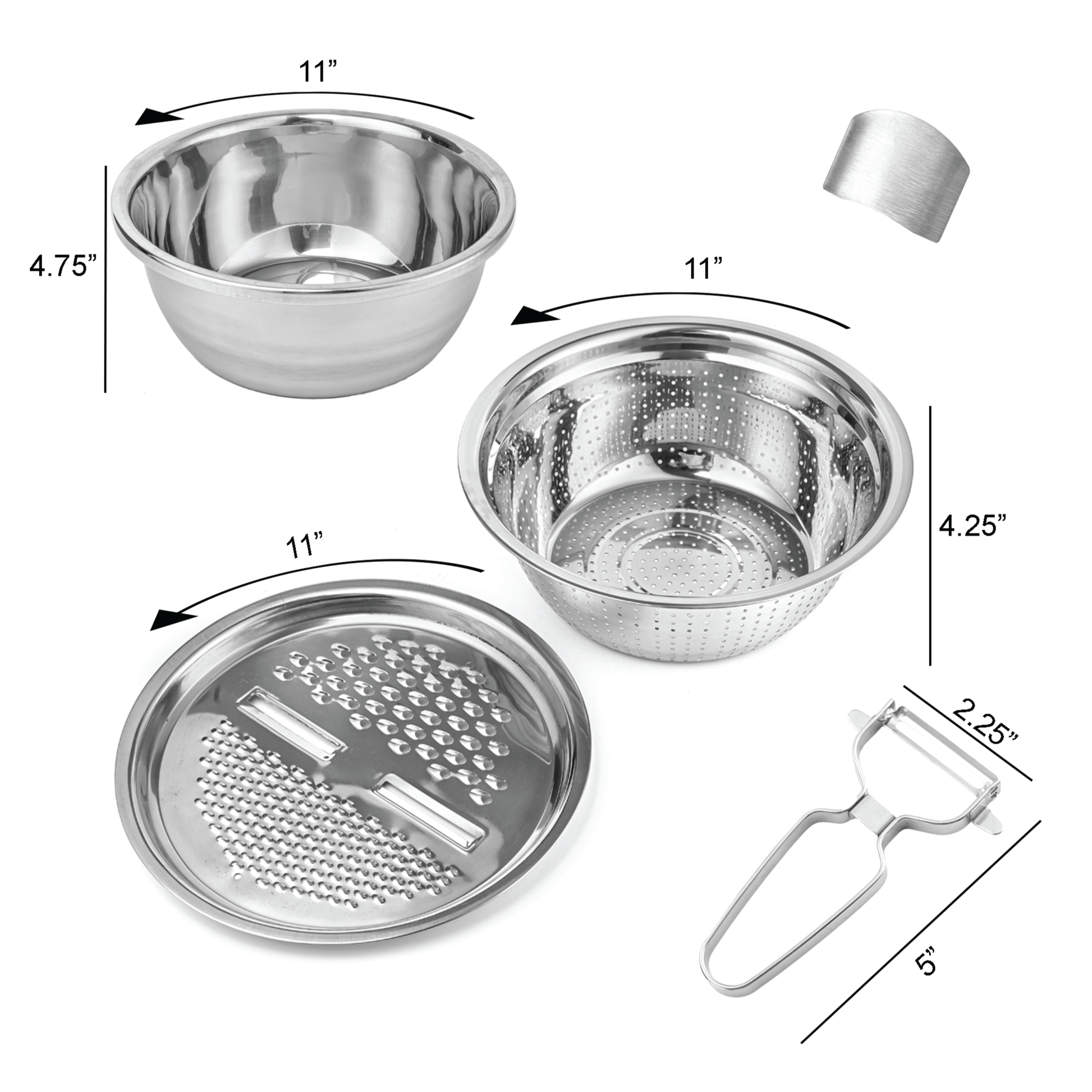 Le Regalo® 5-piece stainless steel colander set including colander, peeler, grater, mixing bowl, and finger guard, on a white background. Sizes: Colander 11” x 4.25”, Peeler 5” x 2.25”, Grater 11”, Mixing Bowl 11” x 4.75”