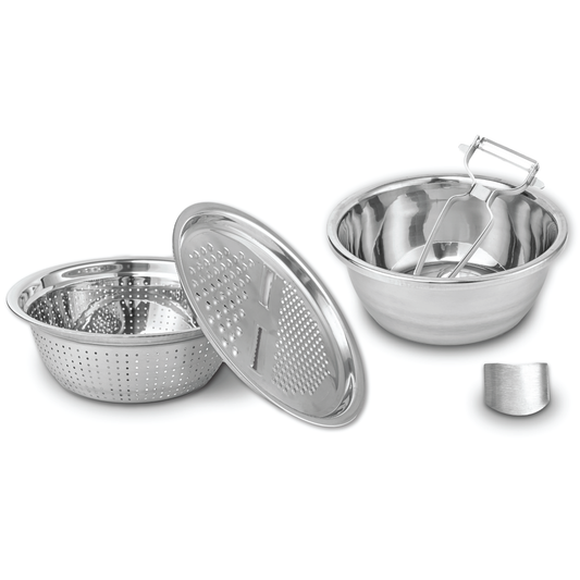 Le Regalo® 5-piece stainless steel colander set with colander, mixing bowl, grater, peeler, and finger guard, on a white background