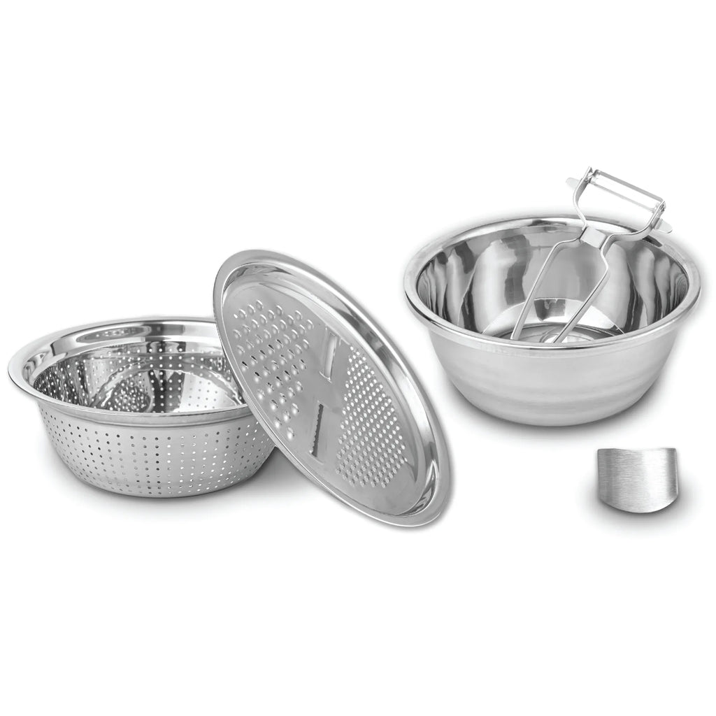 The Le Regalo 5 Piece Stainless Steel Colander Set by Le Regalo features durable, multipurpose colanders in various sizes, perfect for rinsing and draining. Made of stainless steel and showcased on a white background—a great addition to your kitchen essentials.