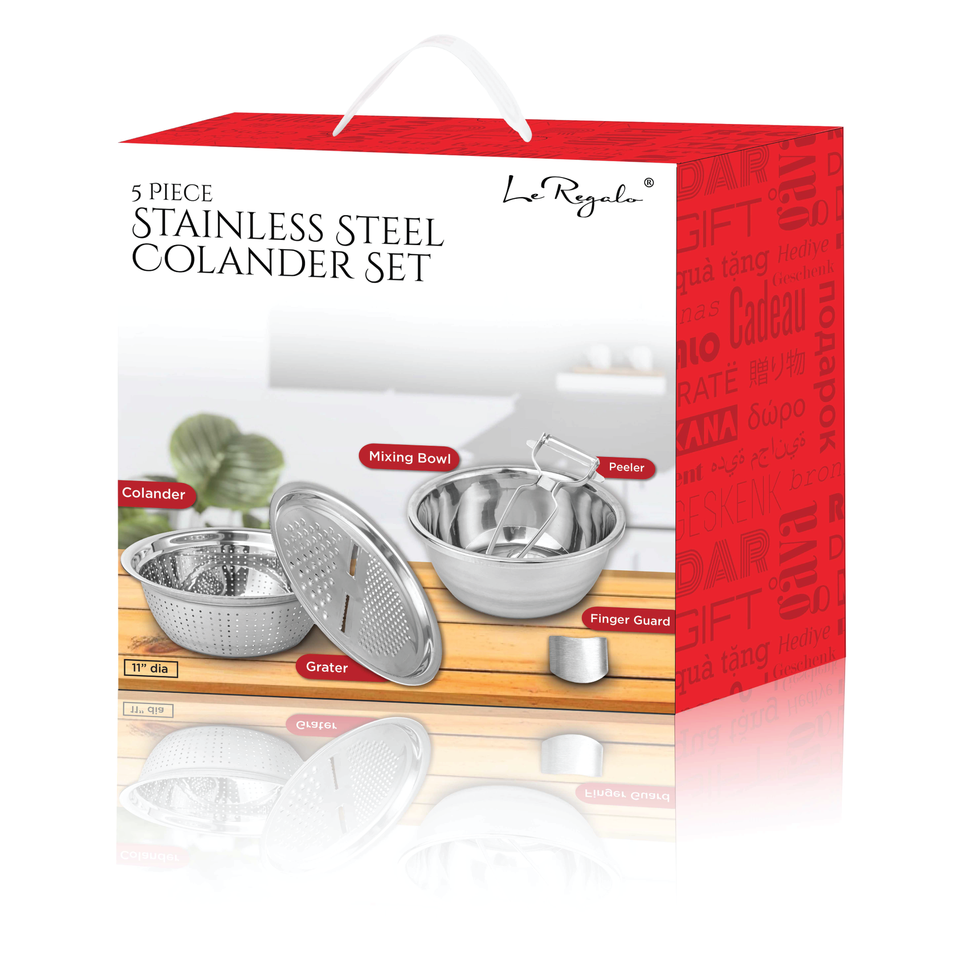 Le Regalo® 5 Piece Stainless Steel Colander Set in multicolor box, displayed on a white background