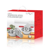 Le Regalo 5 Piece Stainless Steel Colander Set in red and white retail packaging, features images of the colander, grater, mixing bowl, peeler, and finger guard on the front—perfect kitchen essentials by Le Regalo.
