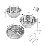 The Le Regalo 5 Piece Stainless Steel Colander Set by Le Regalo includes a mixing bowl (11 diameter, 4.75 tall), colander, slicer/grater lid, peeler, and finger guard—essential multipurpose kitchen tools with labeled dimensions.