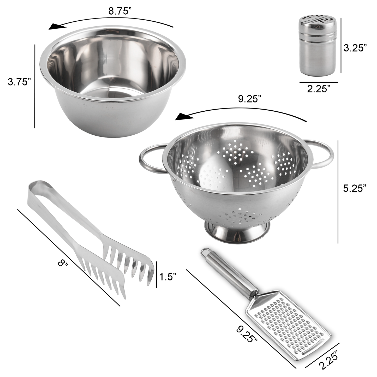 Le Regalo® 5-piece stainless steel pasta set with mixing bowl, colander, grater, tongs, and spice dispenser, on a white background. sizes: mixing bowl 8.75” x 3.75”, colander 9.25” x 5.25”, grater 9.25” x 2.25”, tongs 8” x 1.5”, spice dispenser 3.25” x 2.25”