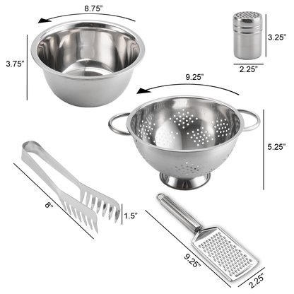 Le Regalo® 5-piece stainless steel pasta set with mixing bowl, colander, grater, tongs, and spice dispenser, on a white background. sizes: mixing bowl 8.75” x 3.75”, colander 9.25” x 5.25”, grater 9.25” x 2.25”, tongs 8” x 1.5”, spice dispenser 3.25” x 2.25”