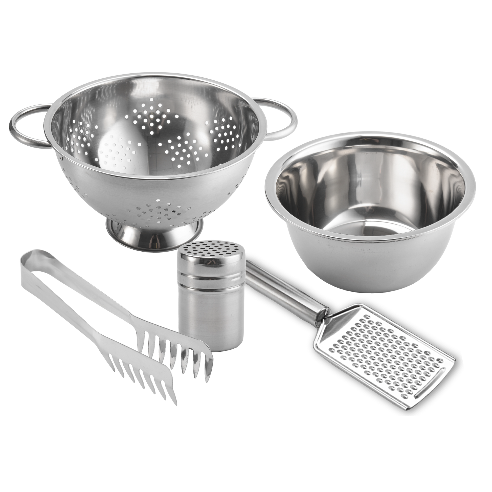 Le Regalo® 5-piece stainless steel pasta set with mixing bowl, colander, grater, tongs, and spice dispenser, on a white background