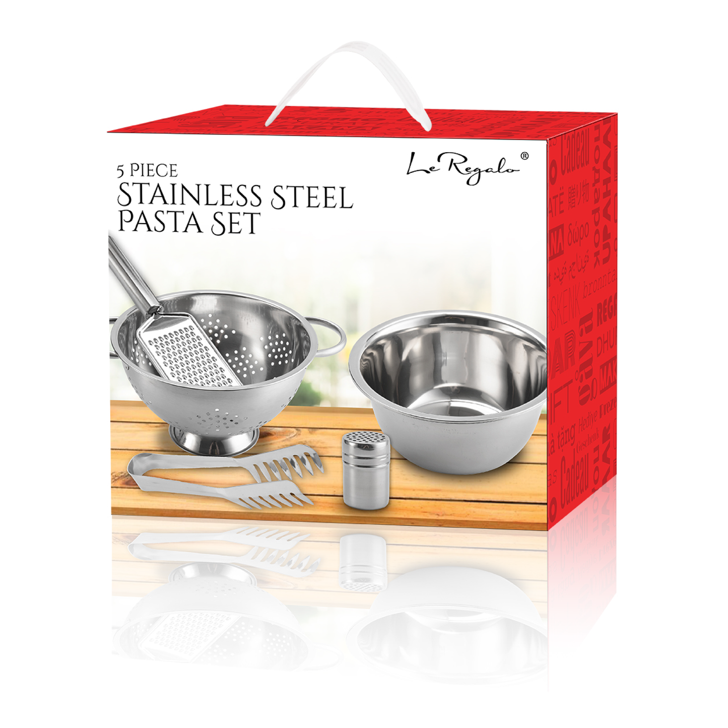 Le Regalo® 5 Piece Stainless Steel Pasta Set in multicolor box, displayed on a white background