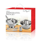 A red and white box labeled Le Regalo 5 Piece Stainless Steel Pasta Set displays a colander, mixing bowl, grater, pasta server, and shaker. The Le Regalo brand and a carrying handle are on top. Dishwasher safe for easy cleaning.