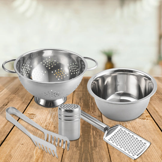 The Le Regalo 5 Piece Stainless Steel Pasta Set includes a mixing bowl, colander, shaker, grater, spaghetti tongs, and pasta server. With an elegant design and dishwasher-safe items, it’s ideal for any modern kitchen.