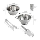 The Le Regalo 5 Piece Stainless Steel Pasta Set by Le Regalo includes a mixing bowl, shaker, tongs, colander, and grater. Each tool features labeled dimensions, an elegant design, durable stainless steel construction, and is dishwasher safe.