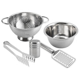The Le Regalo 5 Piece Stainless Steel Pasta Set includes a colander, mixing bowl, pasta tongs, shaker, and grater—each dishwasher safe and attractively displayed on a white background.