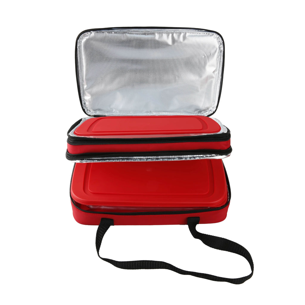 The Le Regalo 5 Piece Bake & Take Set features a red insulated carrier with a zippered top and silver thermal lining, perfect for keeping your bakeware warm, and has a black carrying strap for easy transport.