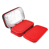 The Le Regalo 5 Piece Bake & Take Set by Le Regalo is shown open, featuring a red insulated carrier with a silver interior and two rectangular red casserole dish containers with lids—one inside the bag, one beside it.