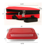 The Le Regalo 5 Piece Bake & Take Set by Le Regalo includes a red insulated carrier with a shoulder strap and double zippers, plus a rectangular casserole dish with a red lid—an ideal portable bakeware solution.