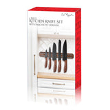 The Le Regalo 5 Piece Kitchen Knife Set with Magnetic Holder, featuring stainless steel knives with wooden handles, is displayed on a magnetic holder against a white backsplash. The box shows the Le Regalo brand and product name.