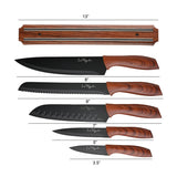 The Le Regalo 5 Piece Kitchen Knife Set includes 8inch, 8inch serrated, 7inch, 5inch, and 3.5inch knives with dark blades, wood-patterned handles, and a sleek magnetic wooden holder—ideal for any modern kitchen.