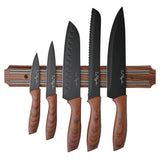 The Le Regalo 5 Piece Kitchen Knife Set with Magnetic Holder features stainless steel knives with black blades and brown handles, each in a unique size and shape for versatile kitchen use, all displayed on a wall-mounted magnetic holder.