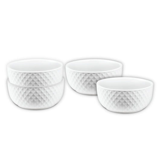 The Le Regalo 4 Piece Stoneware Bowl Set features four white bowls with a subtle honeycomb pattern, adding texture and elegance to any table. Oven safe and stylish, they come from trusted brand Le Regalo.
