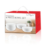 A red and white box with a white handle showcases the Le Regalo 4 Piece Stoneware Bowl Set, featuring four textured honeycomb pattern bowls displayed on a wooden table with decorative items in the background.