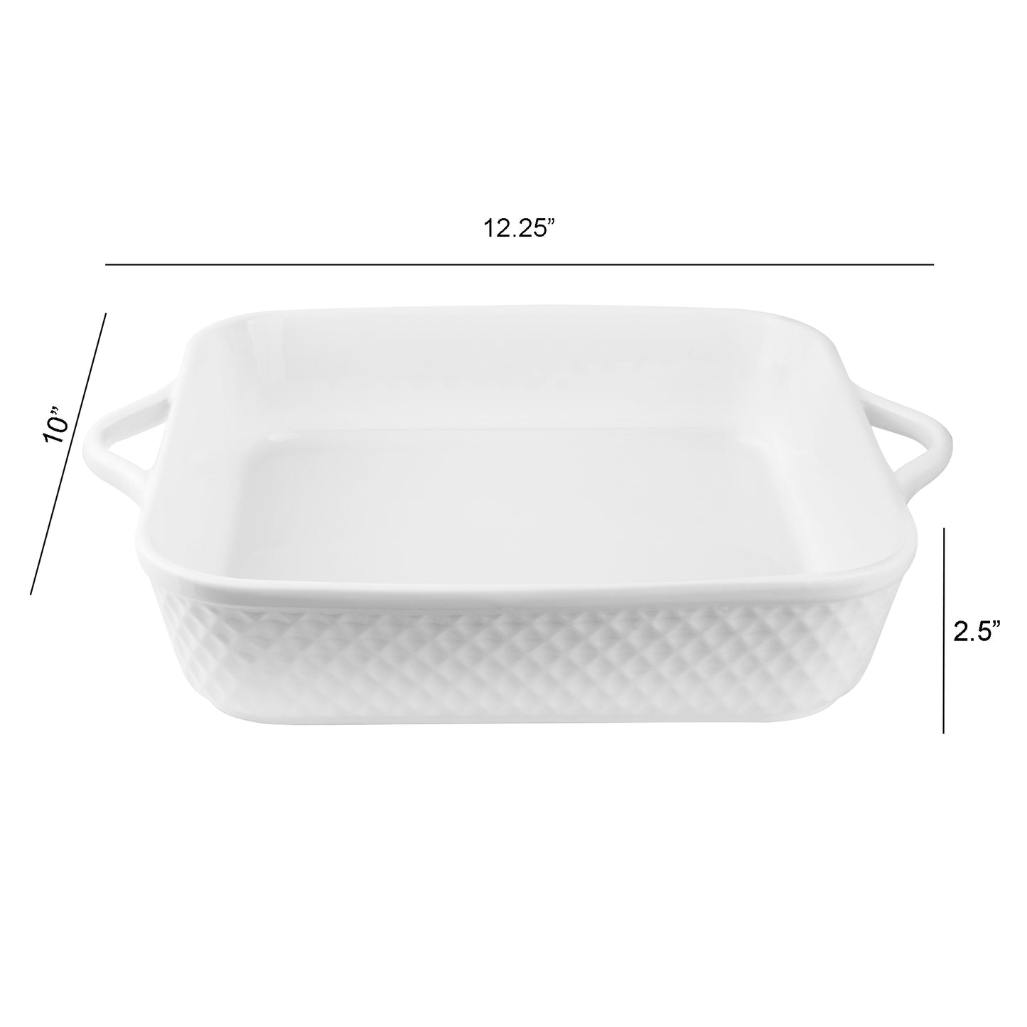 Le Regalo® 10" stoneware square baker on a white background displaying size 12.25" x 2.5" x 10"