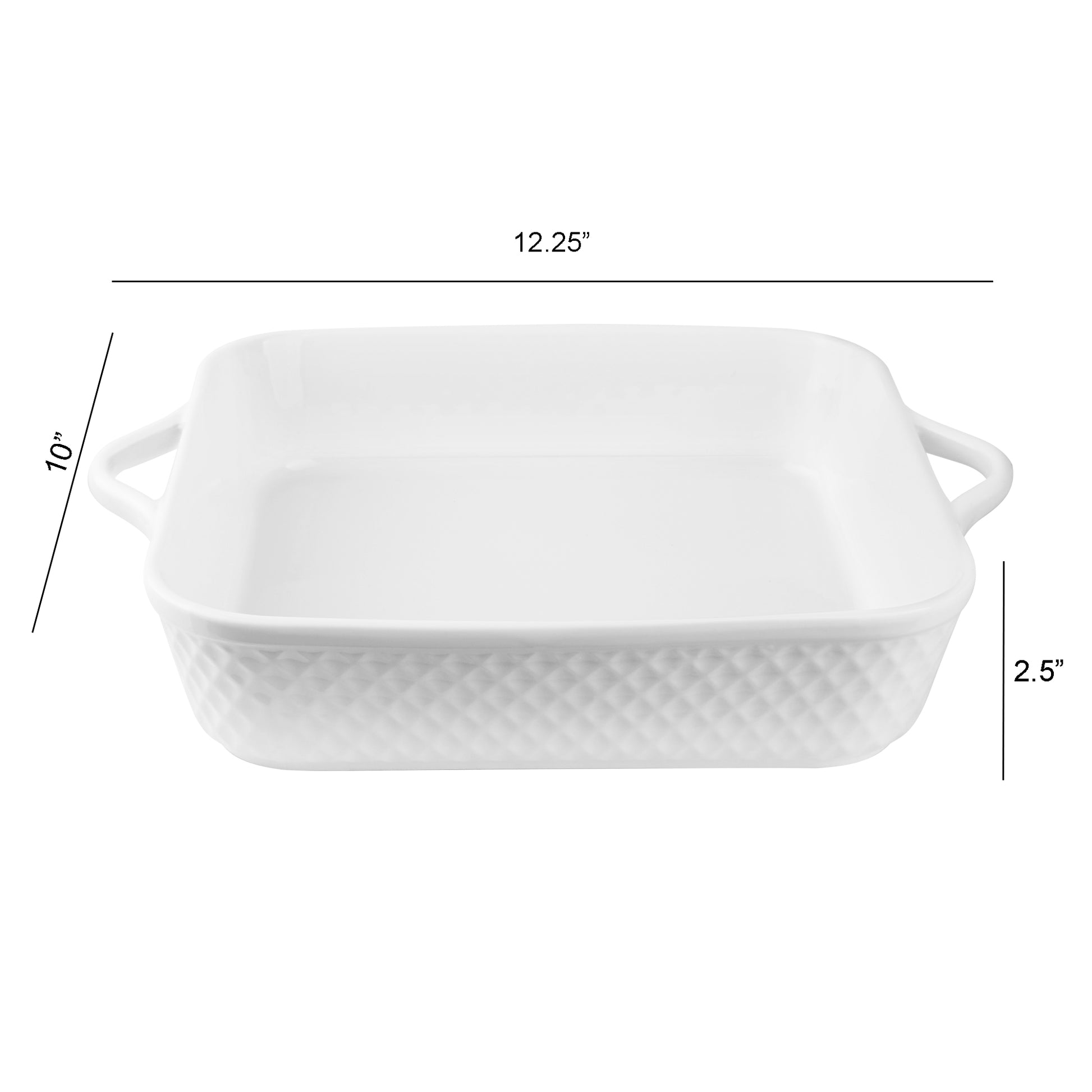 Le Regalo® 10" stoneware square baker on a white background displaying size 12.25" x 2.5" x 10"