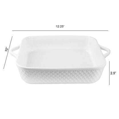 Le Regalo® 10" stoneware square baker on a white background displaying size 12.25" x 2.5" x 10"