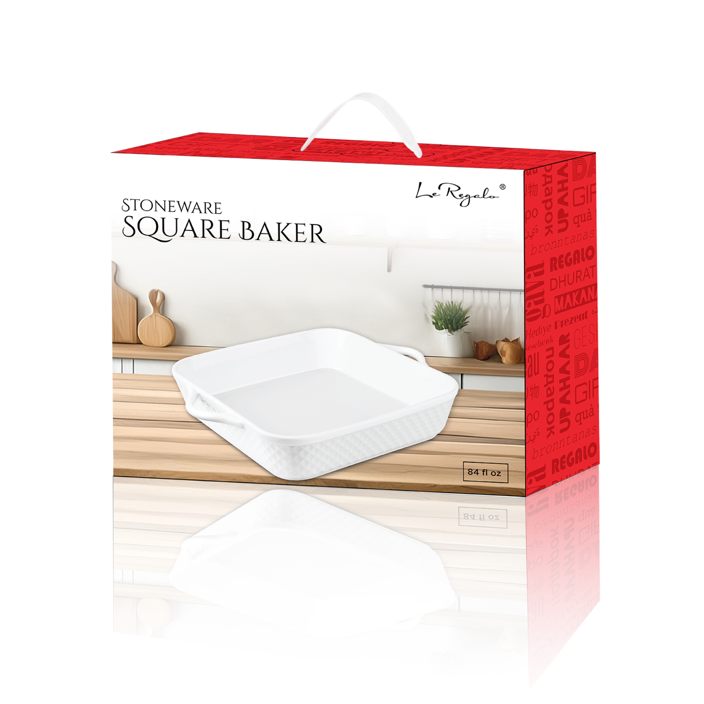 Le Regalo® 10" stoneware square baker in multicolor box, displayed on a white background