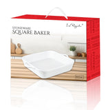 A product box for the Le Regalo 10 Stoneware Square Baker with handles features a kitchen counter background and red sides, with Le Regalo and Stoneware Square Baker printed on the front. The baker is oven safe.
