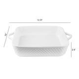 The Le Regalo 10 Stoneware Square Baker by Le Regalo features handles, a textured diamond pattern, and is oven safe—ideal for casseroles or desserts. Measures 12.25 x 10 x 2.5.