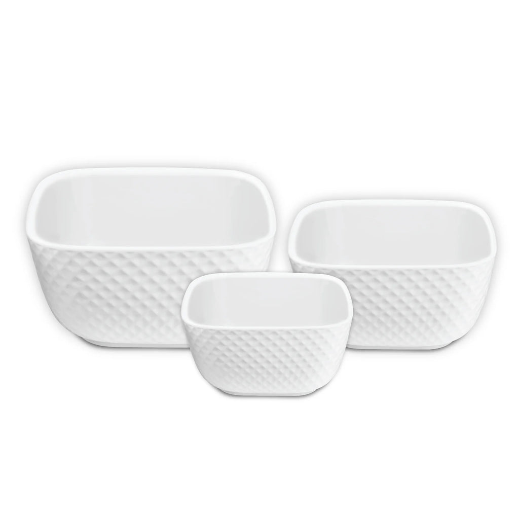 The Le Regalo 3 Piece Stoneware Square Bowl Set by Le Regalo features three white bowls with a subtle honeycomb design, perfect for versatile kitchen use in any home.