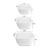 The Le Regalo 3 Piece Stoneware Square Bowl Set features three white, textured Honeycomb Design bowls (sizes: 6x6x3, 7.5x7.5x3.75, 9.25x9.25x4.5) stacked vertically—perfect for serving or organizing any kitchen space.