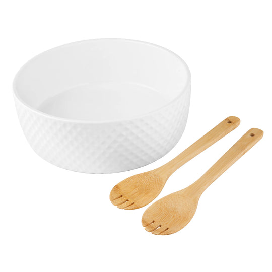 The Le Regalo 3 Piece Salad Server Set features a white stoneware salad bowl with a textured exterior and elegant spoon and fork servers—perfect for anyone who appreciates stylish tableware.
