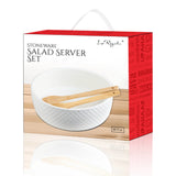 Elevate your table with the Le Regalo 3 Piece Salad Server Set, featuring a white textured stoneware bowl and two wooden utensils. Packaged in a white box with red accents and a top handle, it makes an elegant gift or addition to your serveware.