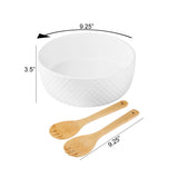 The Le Regalo 3 Piece Salad Server Set features a white stoneware salad bowl (9.25 wide, textured exterior) and bamboo fork and spoon (each 9.25 long)—an elegant tableware choice by Le Regalo.