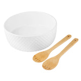 The Le Regalo 3 Piece Salad Server Set features a white stoneware salad bowl with a textured exterior and elegant spoon and fork servers—perfect for anyone who appreciates stylish tableware.