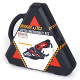 The American Builder 33 Piece Roadside Emergency Kit comes in a black triangular plastic case with handle, yellow checkered accents, and includes jumper cables, flashlight, and tools—ideal for roadside emergencies.