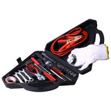 The American Builder 33 Piece Roadside Emergency Kit includes a black plastic tool case with wrenches, screwdrivers, tape, pliers, sockets, white gloves, jumper cables, and more—keeping your essential roadside tools organized and ready.