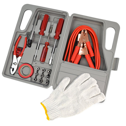 American Builder® Roadside Emergency Kit including screwdrivers, wrenches, a jumper cables, and protective gloves.