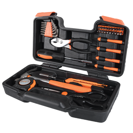 American Builder® 39 Piece Tool Set in a black box having various types of tools displayed on a white background.